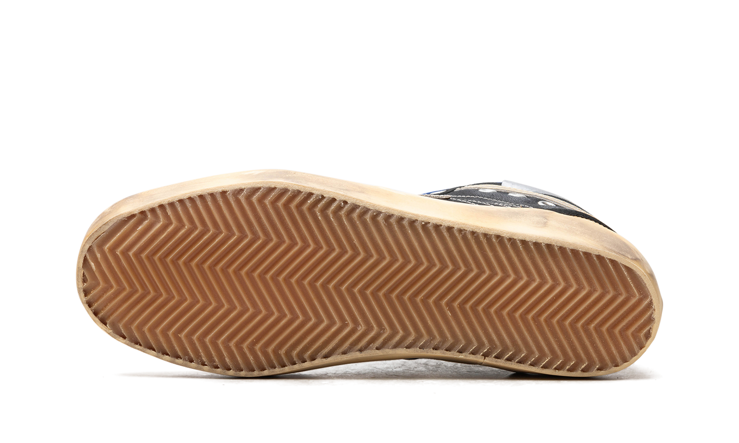 MID STAR CANVAS UPPER SUEDE STAR AND HEEL NYLON TONGUE RUBBER TOE AND SPUR "BLACK ICE VANILLA GOLD"